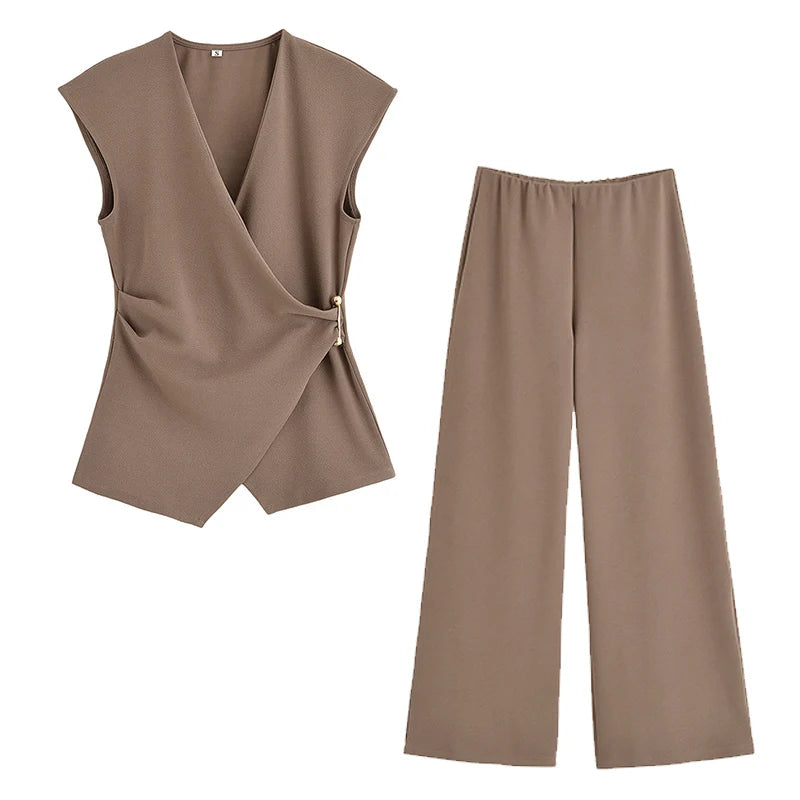 Brown sleeveless top and wide-leg pants set on a white background