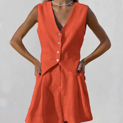 2023 Design Cotton Linen Suit Vest Suit Women's Summer Casual Sleeveless Vest Shorts Two-piece Set костюм женский летний