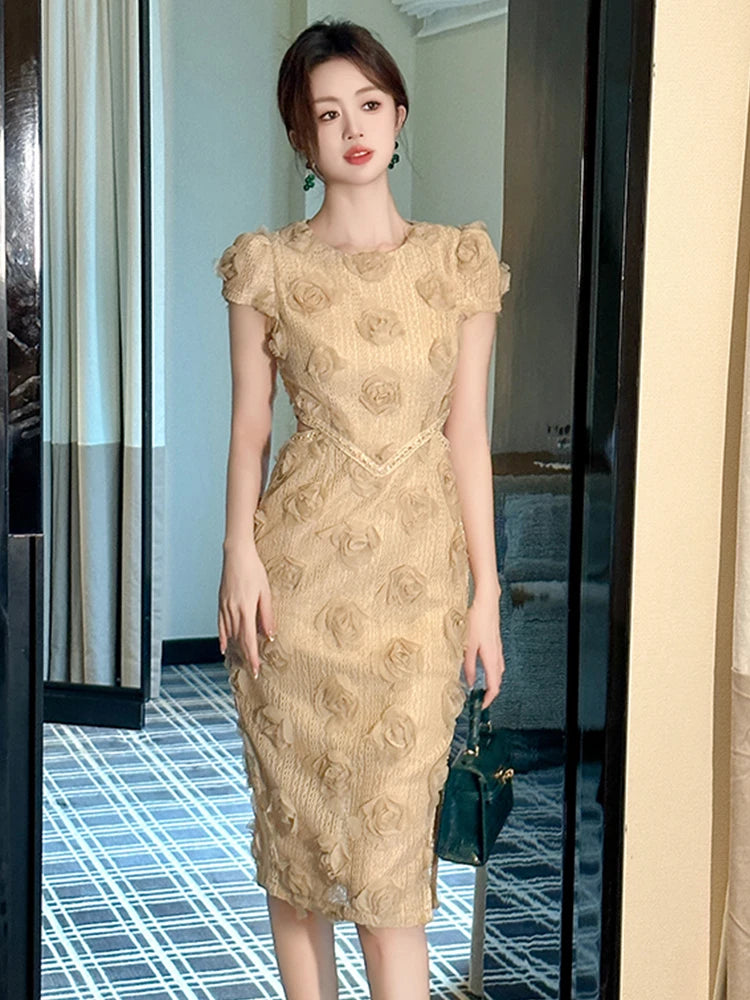 Knitted Floral Evening Dress | Hollow Short Sleeve Skinny