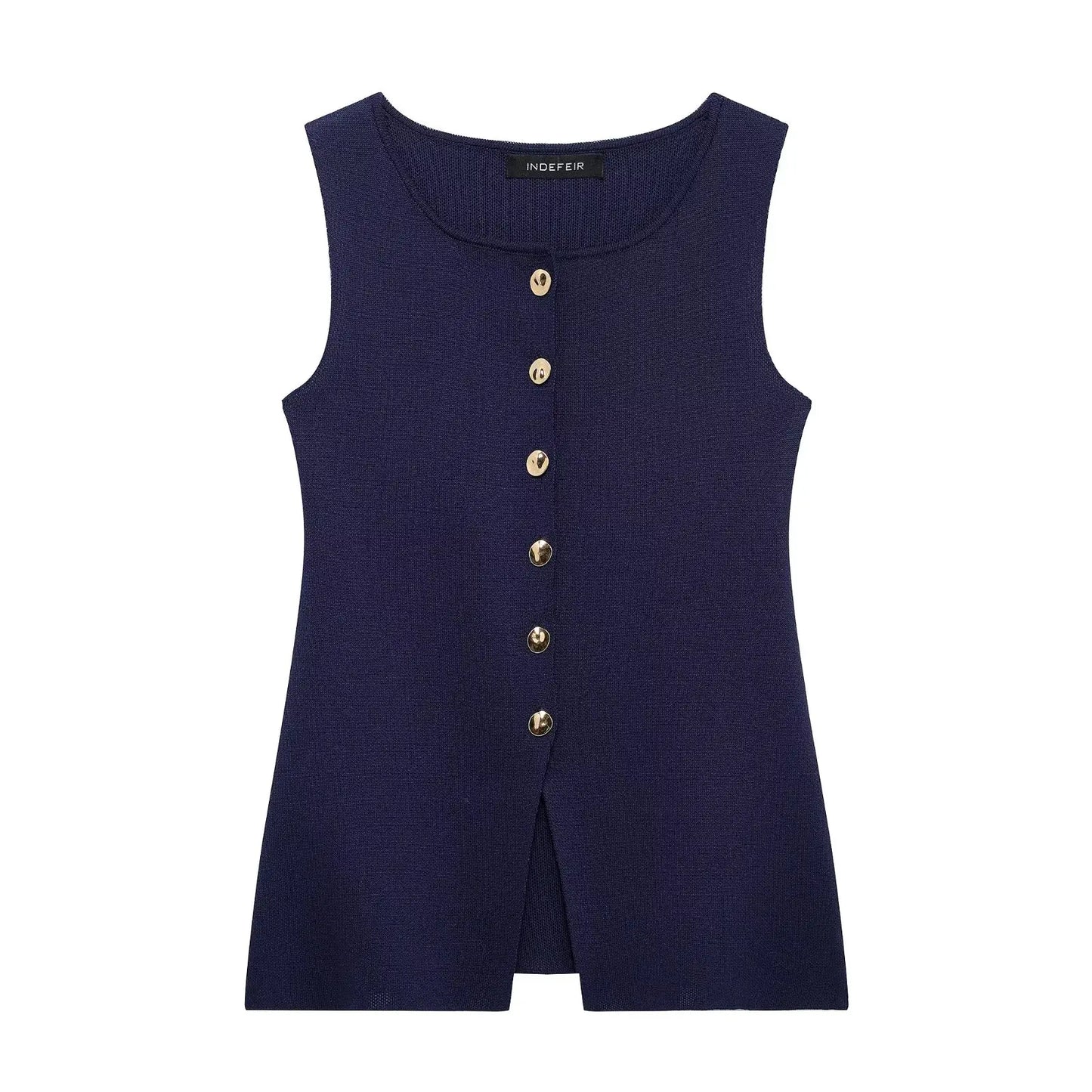 سترة نسائية محبوكة | توب صيفي بدون أكمام برقبة دائرية مع أزرار