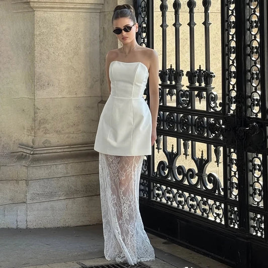 Strapless Lace 2-Piece Dress Set – Vest & High Waist Long Skirt