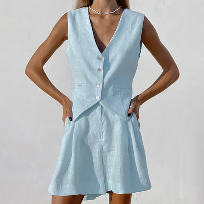 2023 Design Cotton Linen Suit Vest Suit Women's Summer Casual Sleeveless Vest Shorts Two-piece Set костюм женский летний