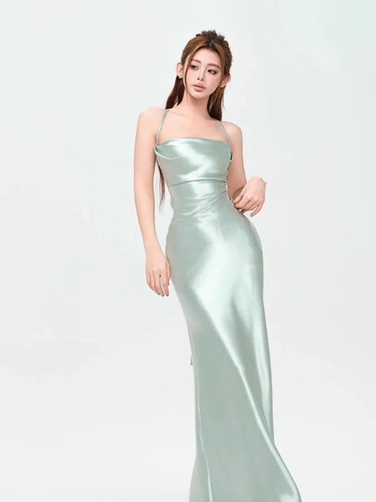Satin Mint Green Sleeveless Backless Dress – Slim Bandage Hip Wrapped
