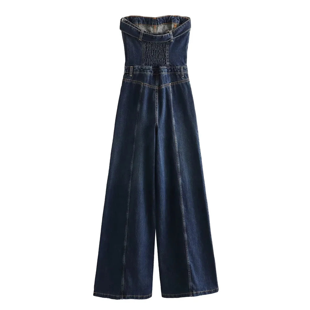 Off Shoulder One Line Neck High Waist Bra Denim jumpsuit