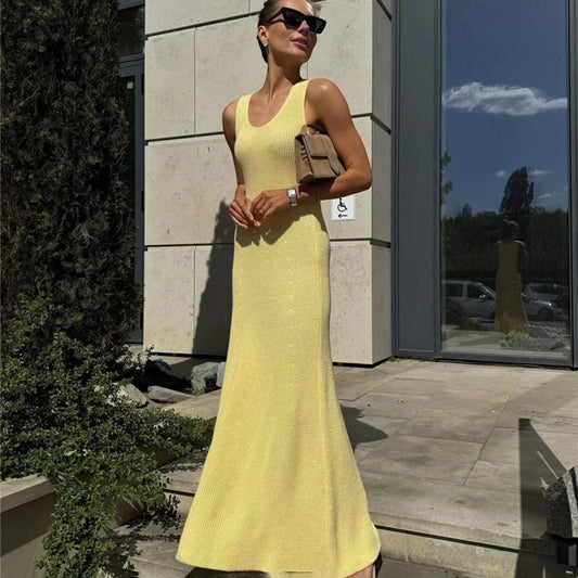 Knit Long Dress | Sleeveless High Waist Backless Halter Maxi Dress