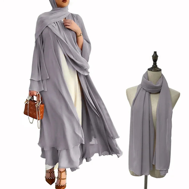 Ivory Chiffon Long Cardigan Dress | Elegant Solid Maxi
