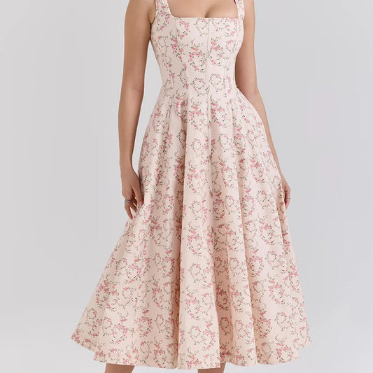 Floral Print Lace-Up Midi Dress – Women’s Elegant Square Neck A-Line