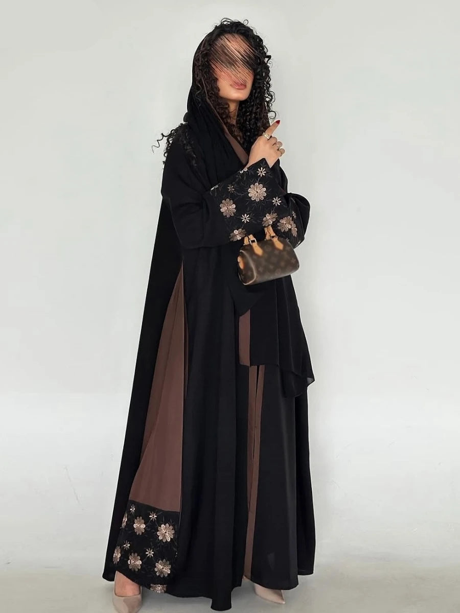 Embroidered Open Abaya | Elegant Patchwork Loose Kaftan