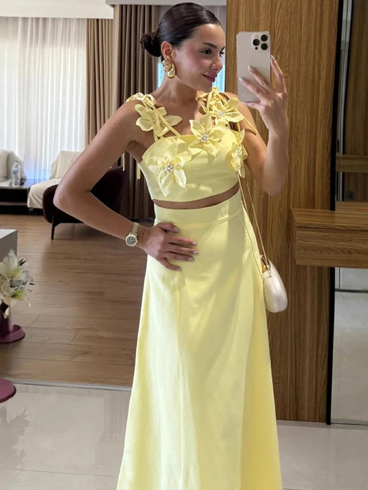 3D Printed Women’s Skirt Set – Sleeveless Crop Top & Maxi Skirt