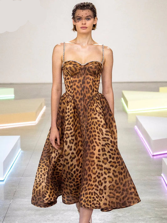 Leopard Print Long Bodycon Dress – Spaghetti Strap Crystal Beaded
