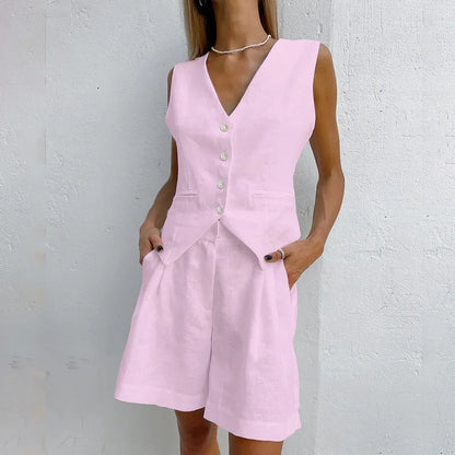 2023 Design Cotton Linen Suit Vest Suit Women's Summer Casual Sleeveless Vest Shorts Two-piece Set костюм женский летний
