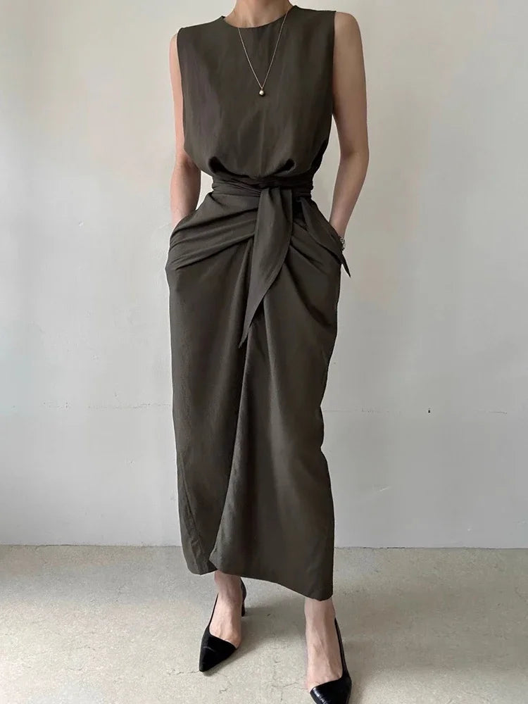 Elegant Round Neck Slimming Waist Twisted Tie Vest Dress