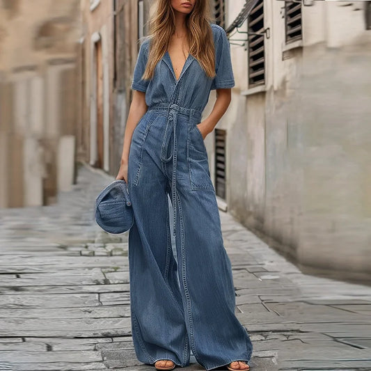 Woman wearing a blue denim jumpsuit walking down a stone street.