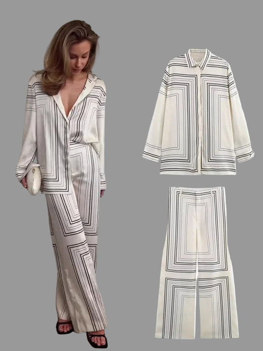 Slim Print Shirt & High Waist Loose Pants 2-Piece Set