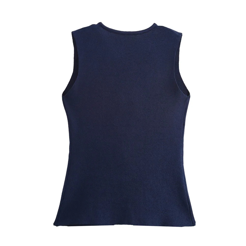 بلوزة نسائية بدون أكمام برقبة على شكل حرف V منسوجة ومكشكشة - بلوزة علوية بدون أكمام مزودة بأزرار معدنية