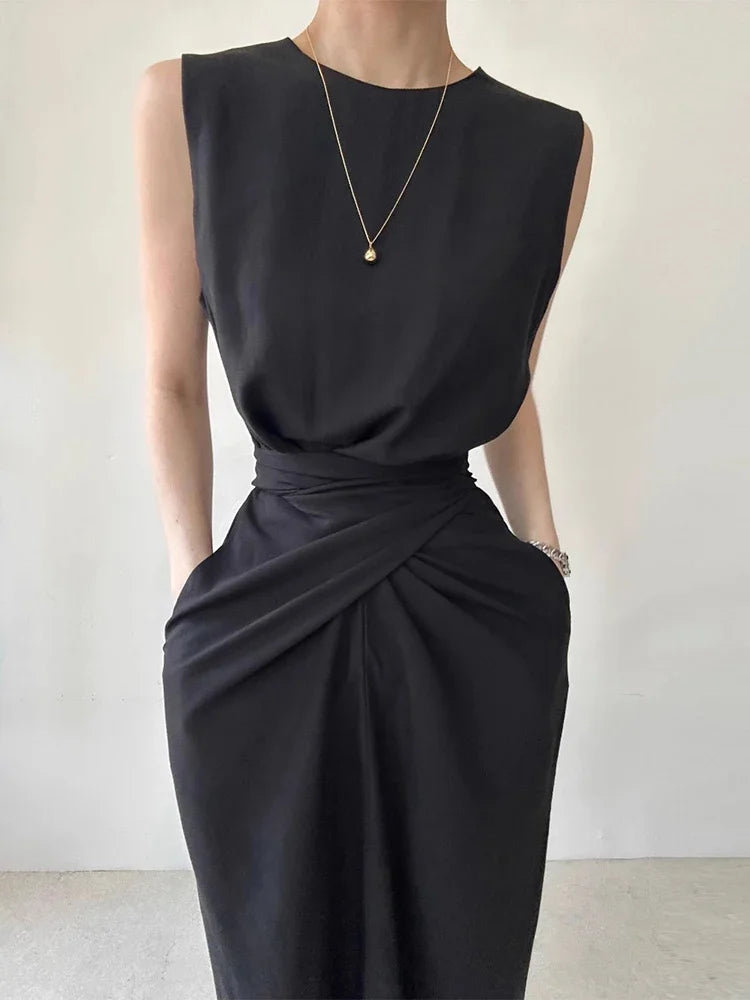 Elegant Round Neck Slimming Waist Twisted Tie Vest Dress