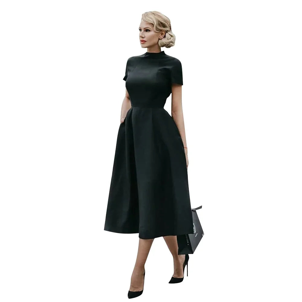 2024 Women Elegant Black Dress Half High Collar High Waist A-Line Dresses Slim Fit Dress Office Lady Female Solid Vestidos
