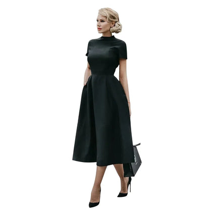 2024 Women Elegant Black Dress Half High Collar High Waist A-Line Dresses Slim Fit Dress Office Lady Female Solid Vestidos