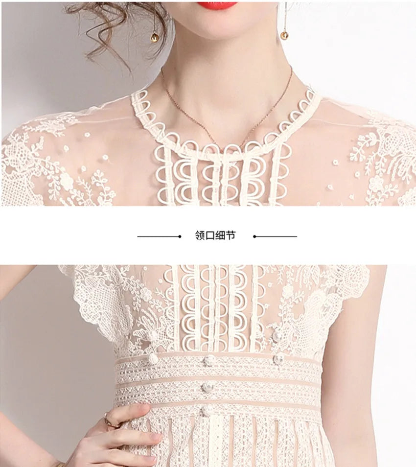 2025 Autumn Fashion Embroidery Flower Dress Vintage Runway Women O Neck Short Sleeve Mesh Dot Bodycon Slim Party Midi Vestidos