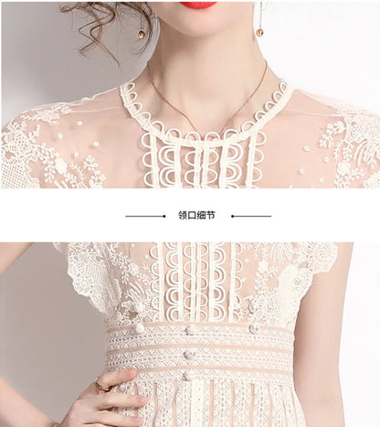2025 Autumn Fashion Embroidery Flower Dress Vintage Runway Women O Neck Short Sleeve Mesh Dot Bodycon Slim Party Midi Vestidos