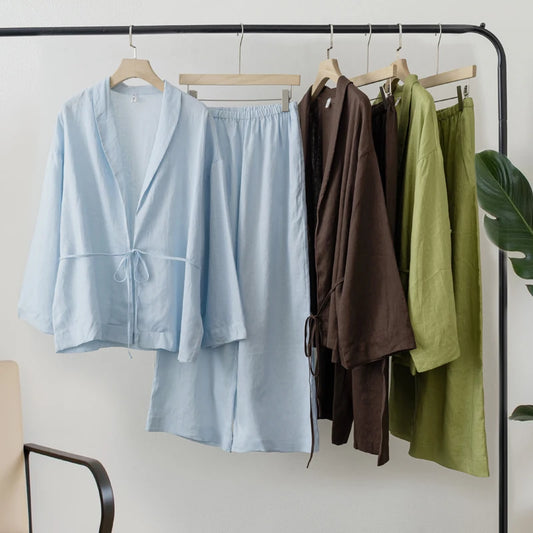 2025 Summer Women Linen Kimono Blouse Pants sets