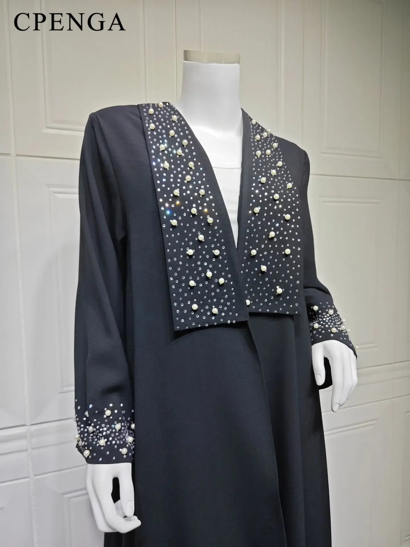 2024 Dubai Women Pearl Black Abaya Dress Luxury Ramadan Arabic Muslim Modest Cardigan Islamic Coat Fashion Turkey Solid Robe