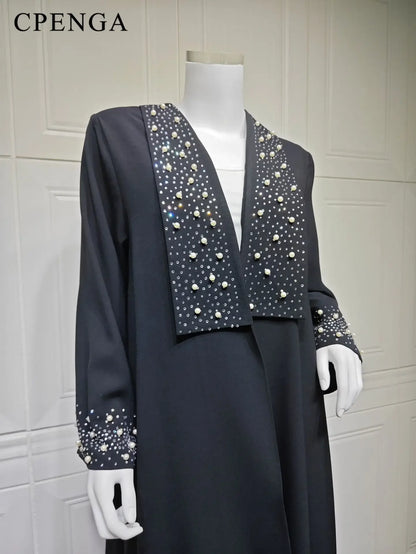 2024 Dubai Women Pearl Black Abaya Dress Luxury Ramadan Arabic Muslim Modest Cardigan Islamic Coat Fashion Turkey Solid Robe