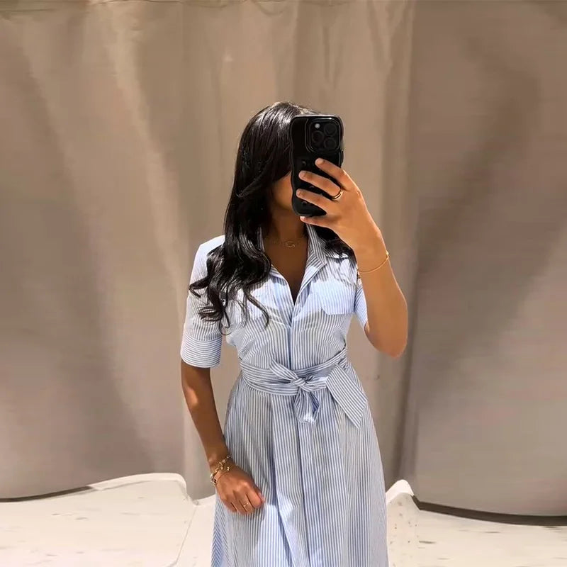 Casual Striped Summer Dress | Lapel Long Dress with Half Sleeves