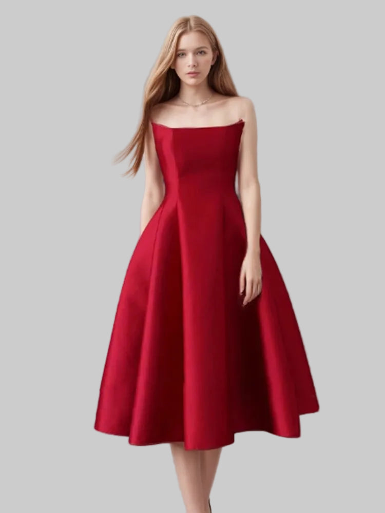 Strapless Elegant Dress for Women – Solid Slimming High Waist A-Line