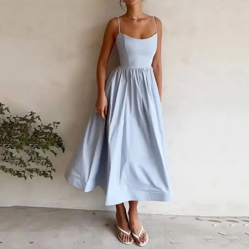 Spaghetti Strap Midi Dress U-Neck Sleeveless Solid A-Line