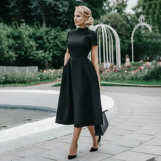 2024 Women Elegant Black Dress Half High Collar High Waist A-Line Dresses Slim Fit Dress Office Lady Female Solid Vestidos
