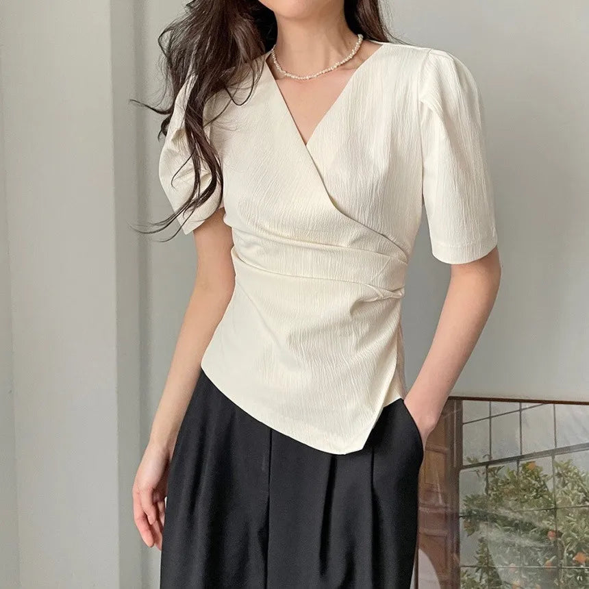 Summer V-Neck Blouse | Slim Short-Sleeve Top