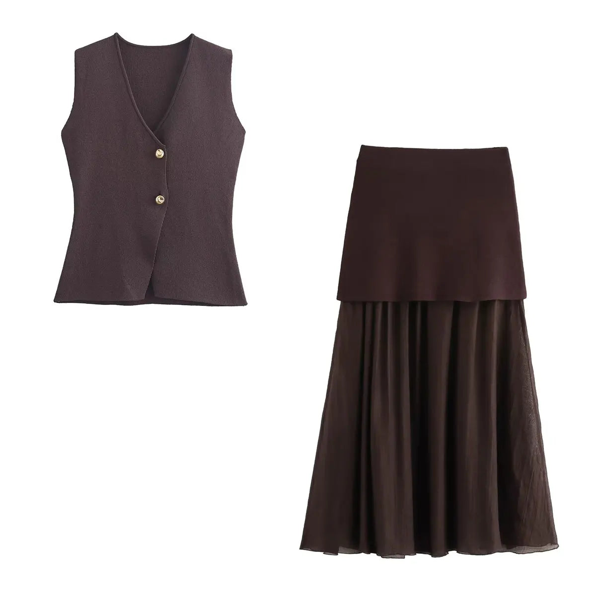 Wine Red Knitted Skirt Set – V-Neck Sleeveless  Vest + High Waist Long Skirt