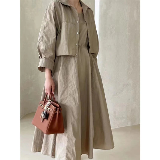 Person wearing a beige dress holding a brown handbag against a plain background