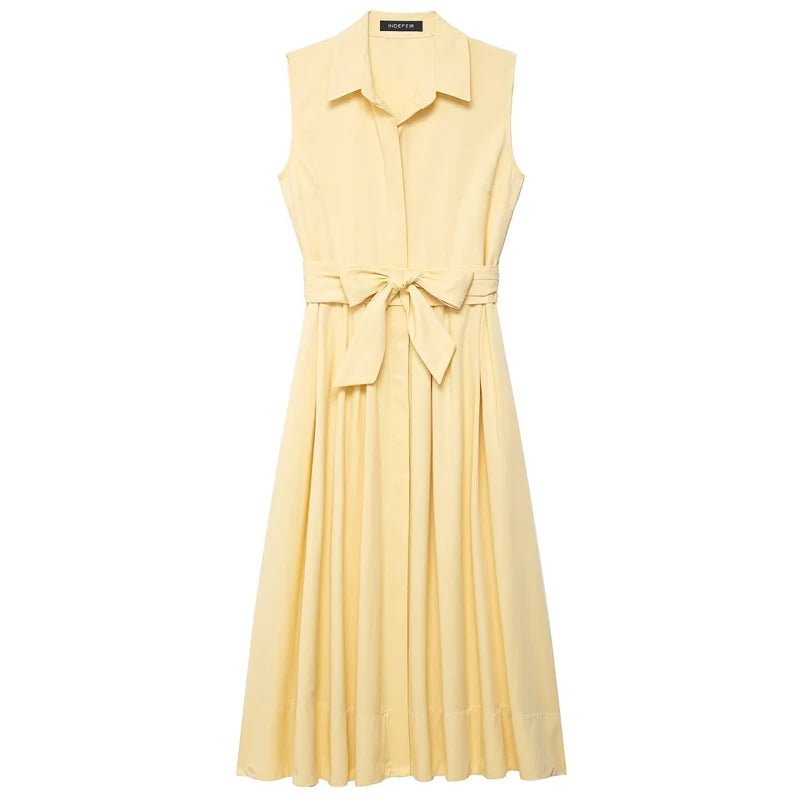 Yellow Shirt Dress | Sleeveless Belted Button-Up Long Dress