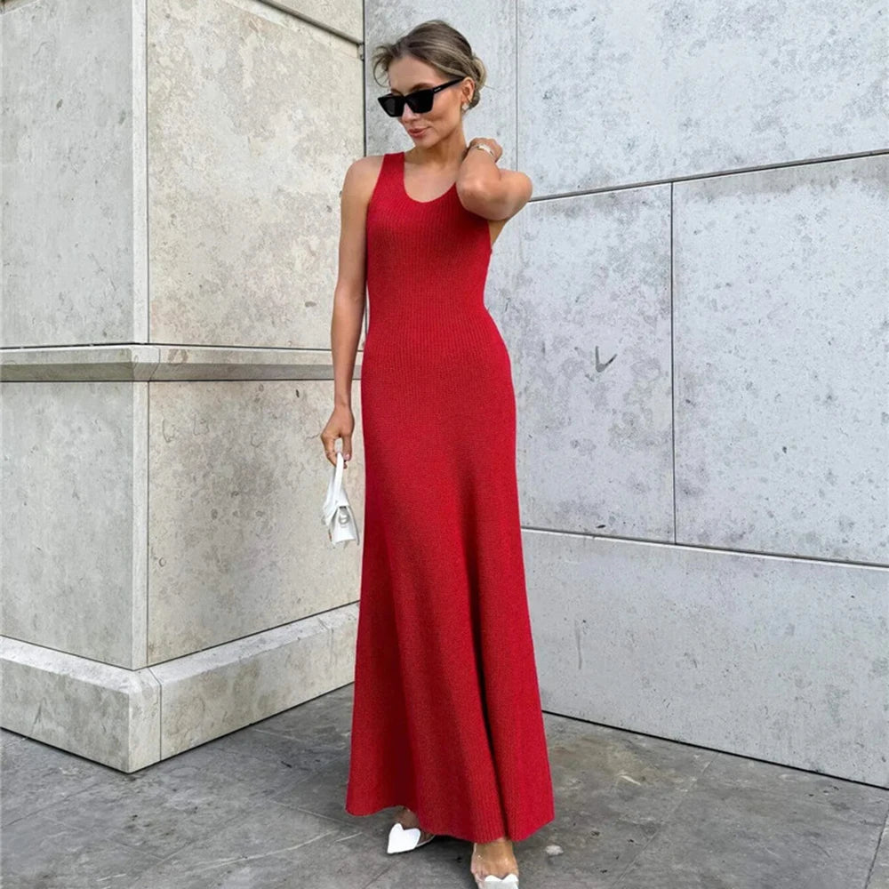 Knit Long Dress | Sleeveless High Waist Backless Halter Maxi Dress