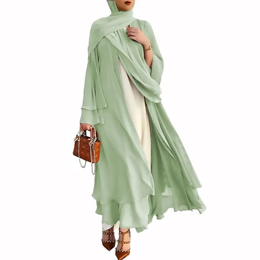 Ivory Chiffon Long Cardigan Dress | Elegant Solid Maxi