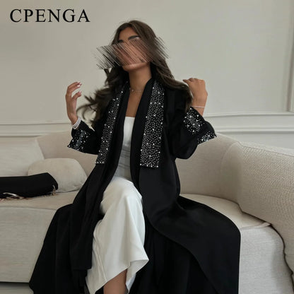 2024 Dubai Women Pearl Black Abaya Dress Luxury Ramadan Arabic Muslim Modest Cardigan Islamic Coat Fashion Turkey Solid Robe
