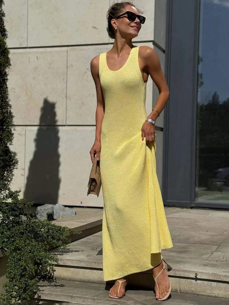 Knit Long Dress | Sleeveless High Waist Backless Halter Maxi Dress