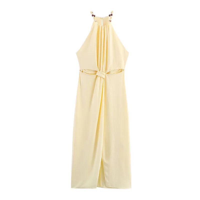 Summer Long Dress – Light Yellow Sleeveless O-Neck Gown