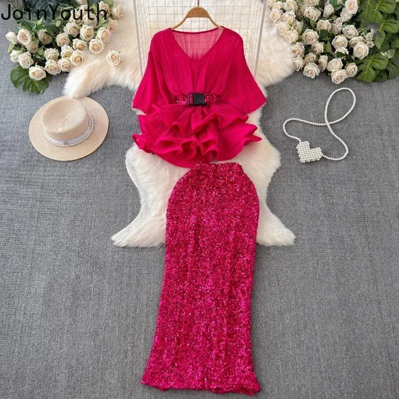 V-Neck Short Sleeve Top & High Waist Skirt Two-Piece Set