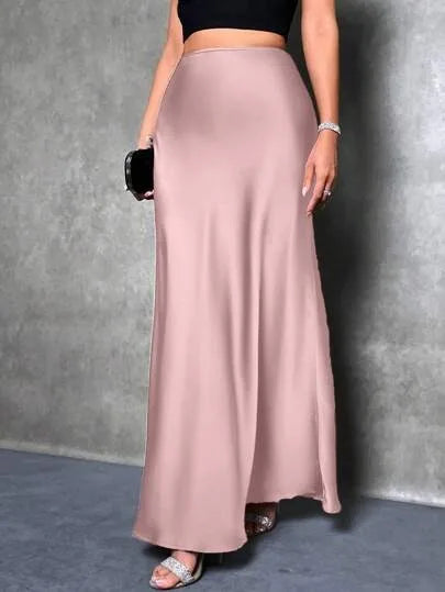 Elegant Satin High Waisted Maxi Skirt | A Line Long Skirts