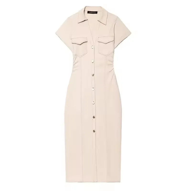 Denim Midi Dress for Women – Casual Ruched Short Sleeve