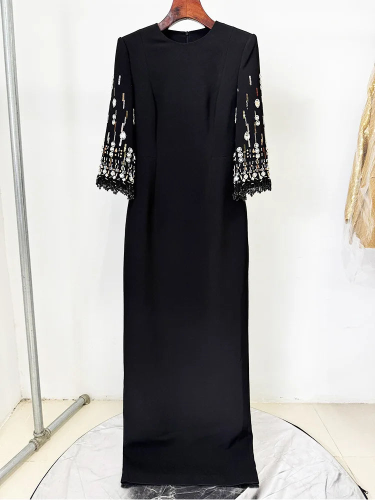 HIGH STREET Newest Fashion 2025 S/S Designer Vestido Women's Half Sleeve Stunning Beaded  Long Maxi Dress