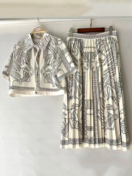 2025 Summer Women's Retro Geometric Printed Collar Straight Short Shirt Two Piece Set+High Waist Loose pleated Skirt Fashion Set