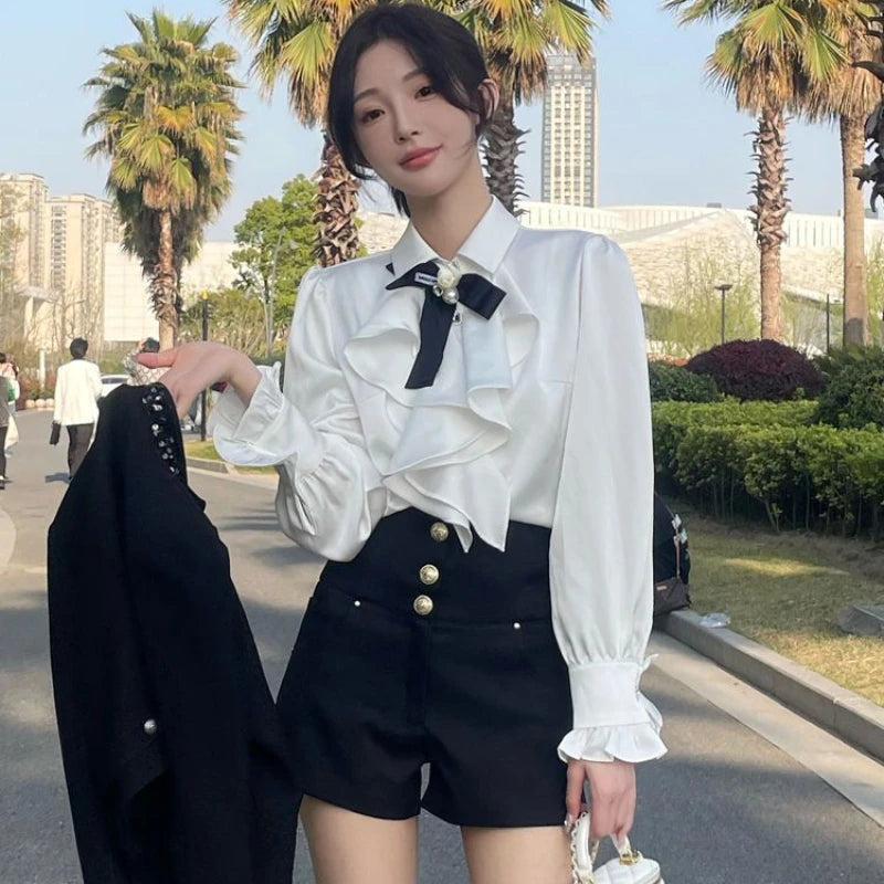 Women’s White Lace Ruffle Blouse – Peter Pan Collar Long Sleeve