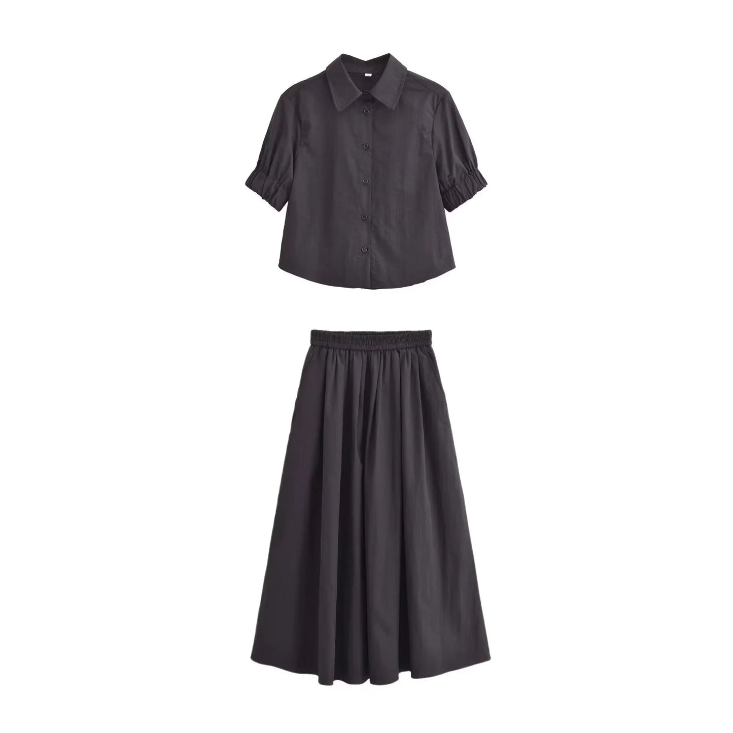 Fluffy Sleeve Shirt & Wide Swing Midi Skirt Set