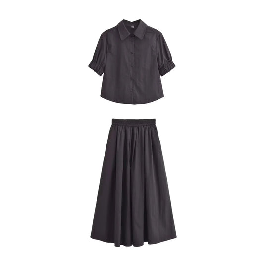 Fluffy Sleeve Shirt & Wide Swing Midi Skirt Set