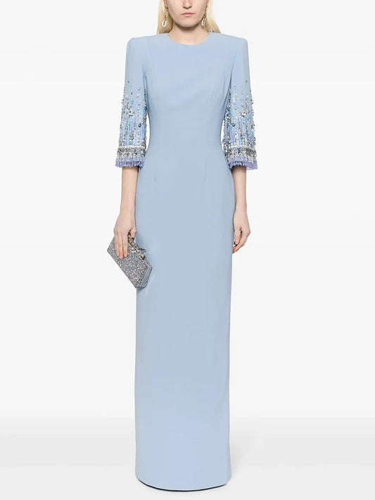 HIGH STREET Newest Fashion 2025 S/S Designer Vestido Women's Half Sleeve Stunning Beaded  Long Maxi Dress