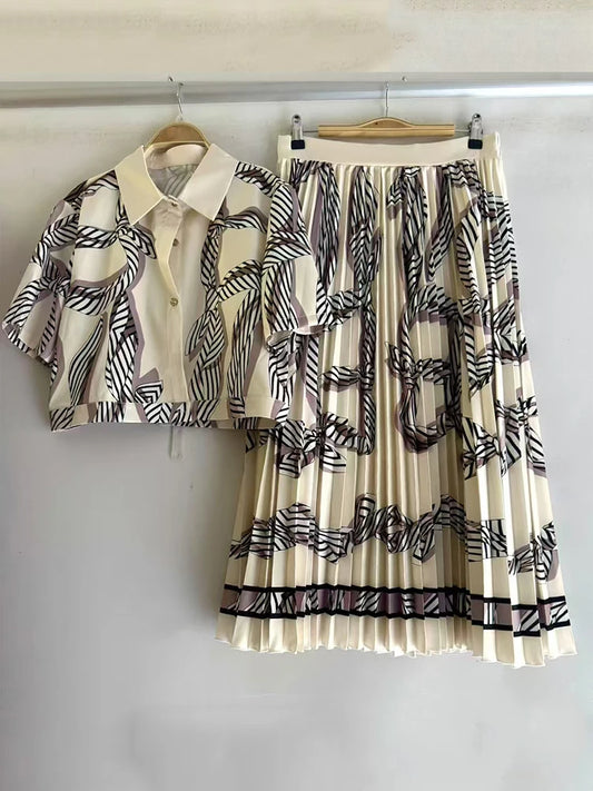 2025 Summer Women's Retro Geometric Printed Collar Straight Short Shirt Two Piece Set+High Waist Loose pleated Skirt Fashion Set